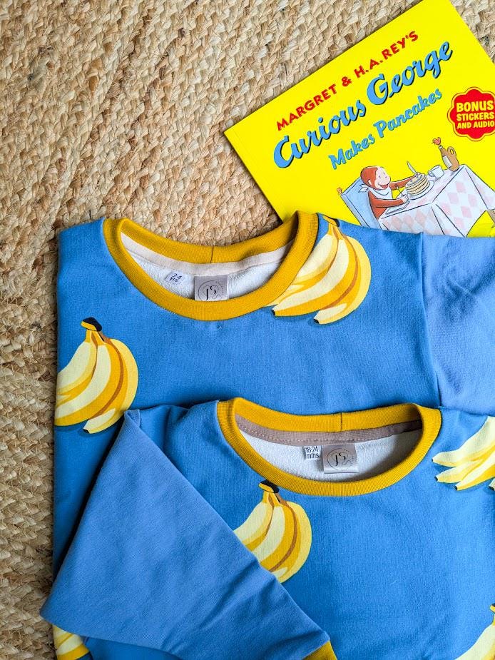 Banana Print Children's Sweatshirt soft cotton French Terry fabric in Bright cheerful colours Blue and Yellow-0-6 years-Kid's-Gift-Matching