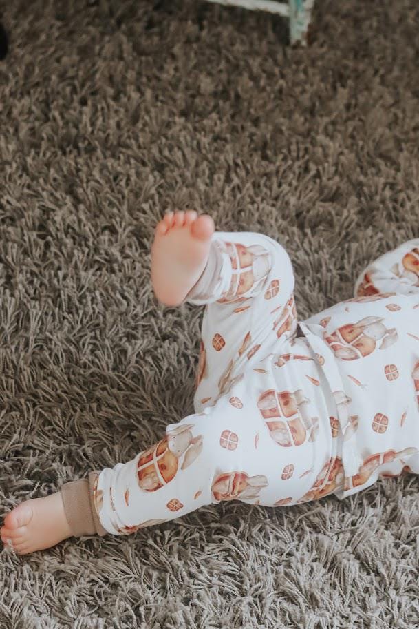 Children's Pyjamas PJs Easter Hot Cross Bunnies theme top and leggings set 0-6yr Kid's-Gift-matching sibling pyjamas available