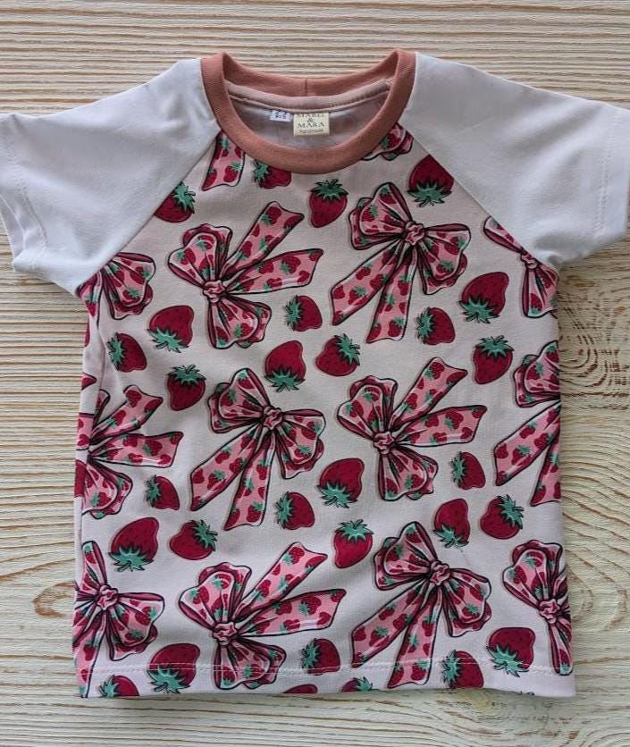 Children's T Shirt Pink Bow and Strawberry print 0-6yr Kid's-Children's Gift-matching sibling T Shirts Fun print-Baby/Toddler