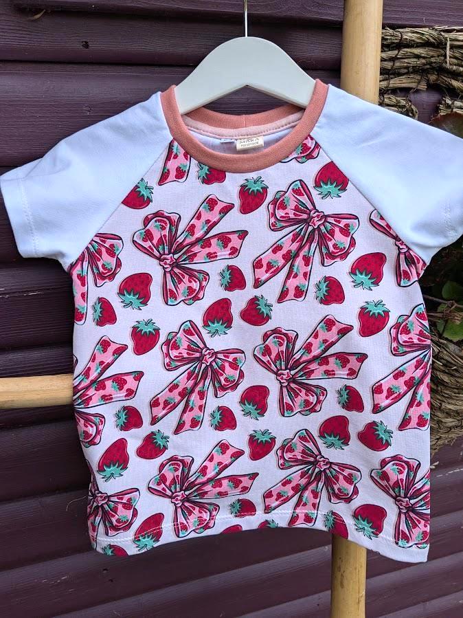 Children's T Shirt Pink Bow and Strawberry print 0-6yr Kid's-Children's Gift-matching sibling T Shirts Fun print-Baby/Toddler