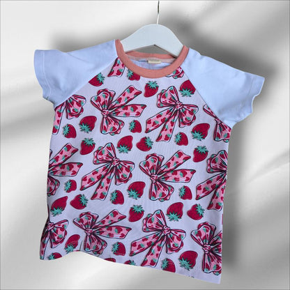 Children's T Shirt Pink Bow and Strawberry print 0-6yr