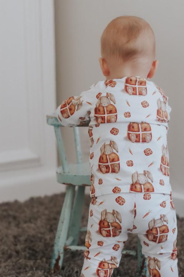 Children's Pyjamas PJs Easter Hot Cross Bunnies theme top and leggings set 0-6yr Kid's-Gift-matching sibling pyjamas available