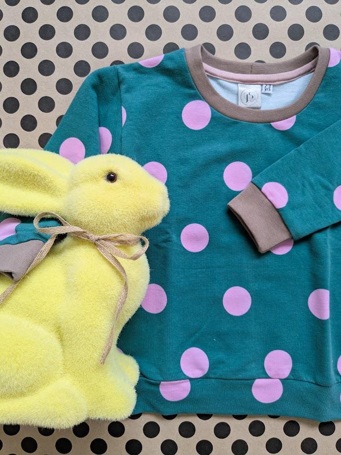Children's Sweatshirt  soft cotton French Terry fabric Turquoise with pink spots spotty -0-6 years-Kid's-Gift