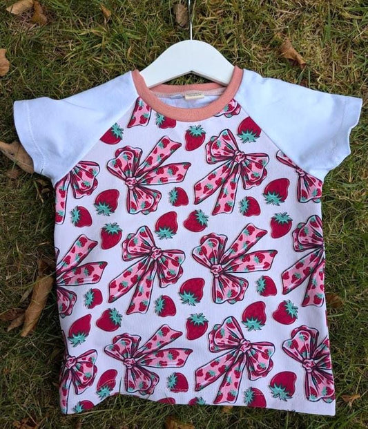 Children's T Shirt Pink Bow and Strawberry print 0-6yr Kid's-Children's Gift-matching sibling T Shirts Fun print-Baby/Toddler