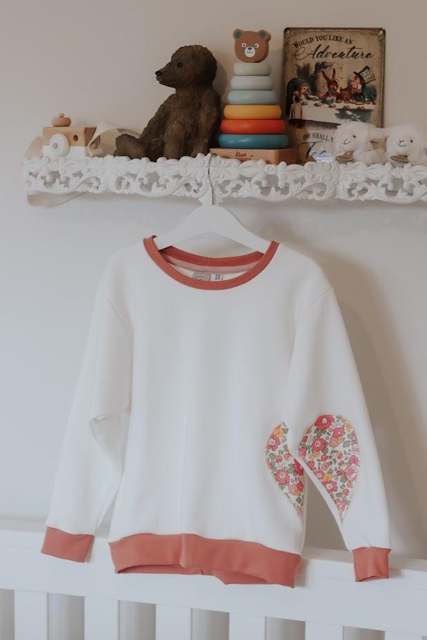 Liberty Tana Lawn Heart  Sleeve and front Children Sweatshirt  Ecru soft cotton French Terry fabric Gift  0-6 year  Liberty Prints selection