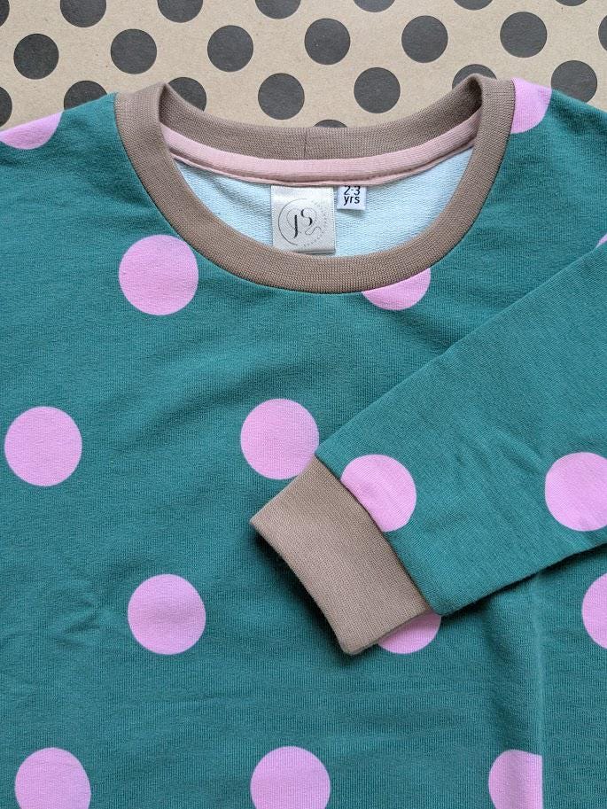 Children's Sweatshirt  soft cotton French Terry fabric Turquoise with pink spots spotty -0-6 years-Kid's-Gift