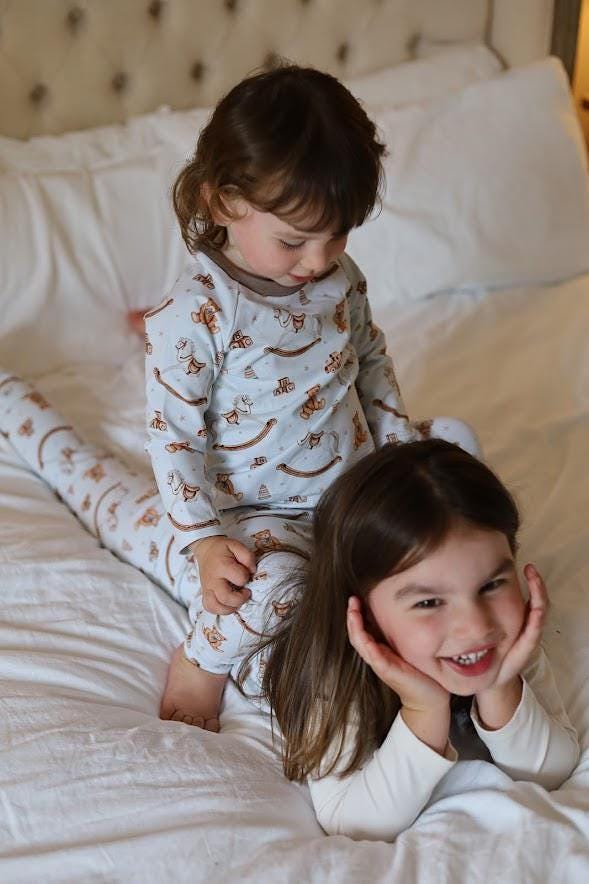 Children's Pyjamas-PJ-Vintage Toys theme-top and leggings set-0-6yr Kid's-matching sibling pyjamas-Baby/Toddler-Unisex Baby Shower Gift