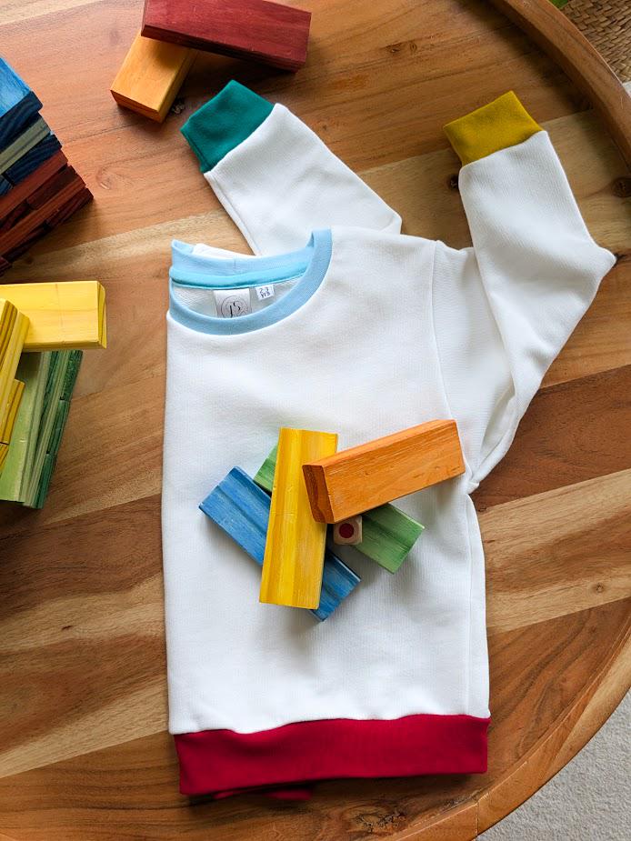 Children's Sweatshirt  soft cotton Ecru French Terry fabric with fun Rainbow of Colours on cuffs and neckband -0-6 years-Kid's-Gift