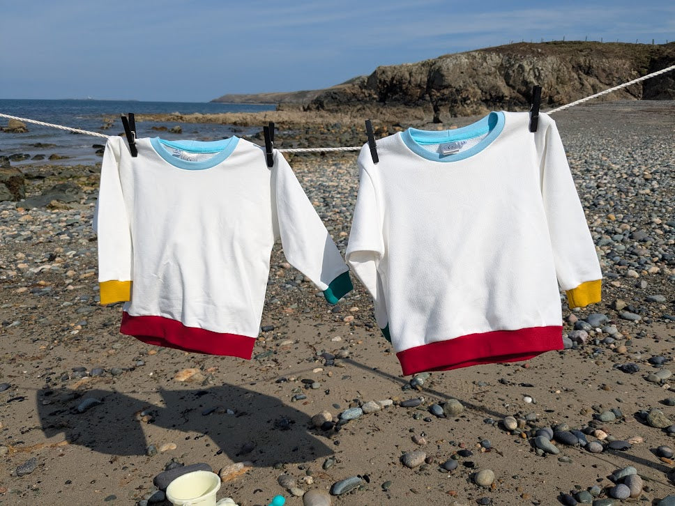 Children's Sweatshirt  soft cotton Ecru French Terry fabric with fun Rainbow of Colours on cuffs and neckband -0-6 years-Kid's-Gift