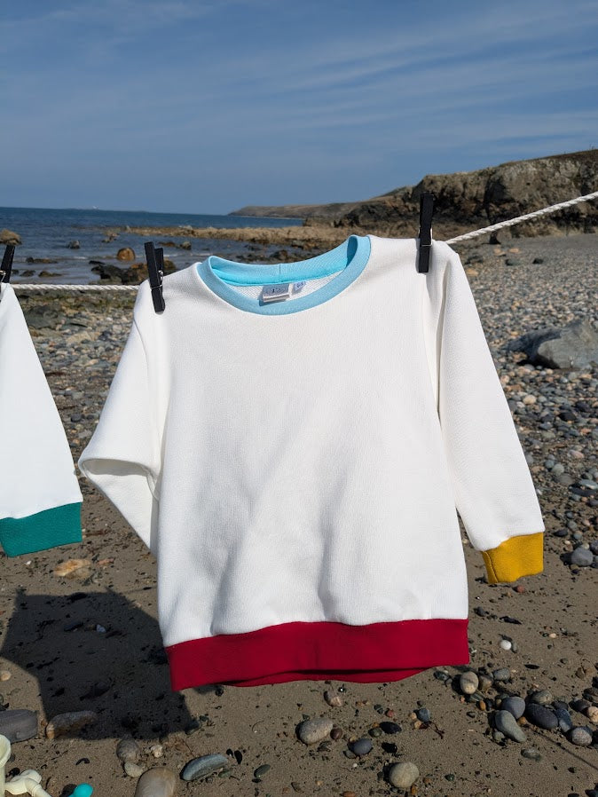 Children's Sweatshirt  soft cotton Ecru French Terry fabric with fun Rainbow of Colours on cuffs and neckband -0-6 years-Kid's-Gift