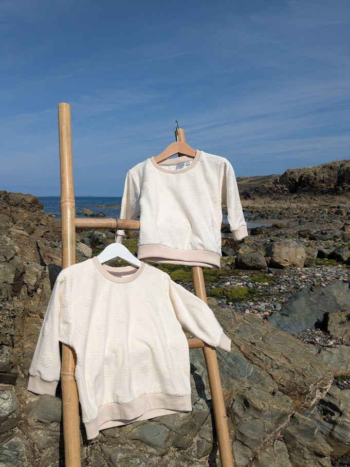 Children's Sweatshirt  soft cotton French Terry fabric in Cream Textured Spot 0-6yrd Kid's-Gift