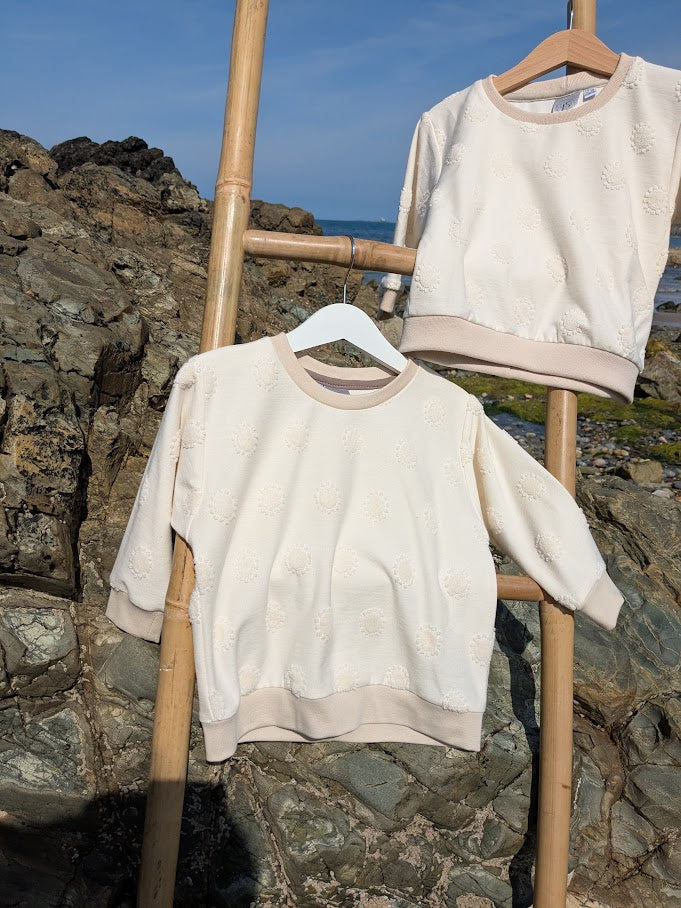 Children's Sweatshirt  soft cotton French Terry fabric in Cream Textured Spot 0-6yrd Kid's-Gift