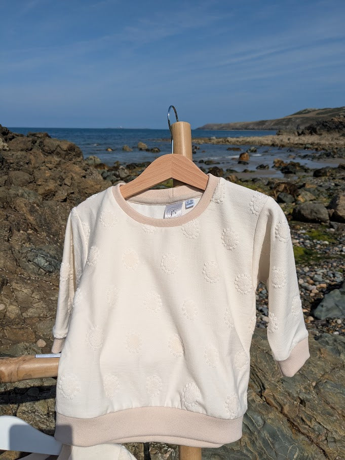 Children's Sweatshirt  soft cotton French Terry fabric in Cream Textured Spot 0-6yrd Kid's-Gift