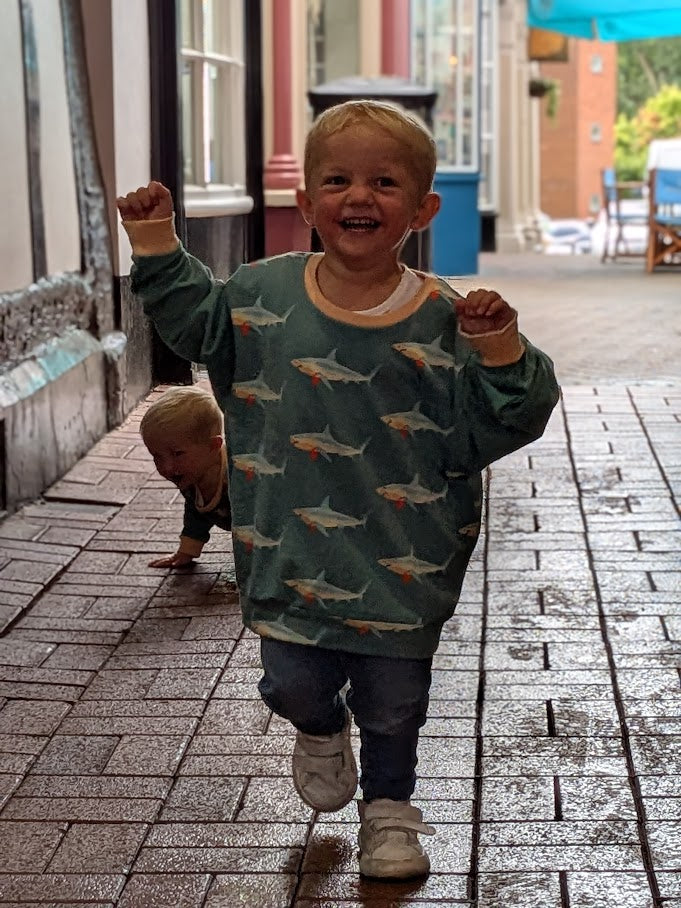 Children's Sweatshirt  soft cotton French Terry fabric fun Shark print in bright  cheerful colour 0-6yr Kid's-Gift-matching sibling