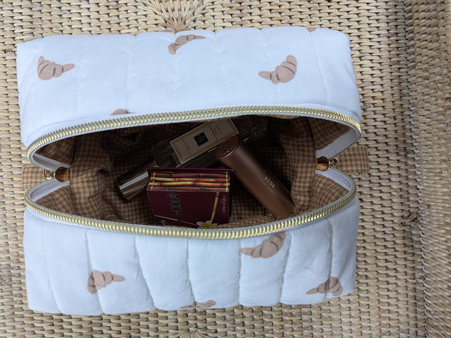 Boxy Quilted Zippered Pouch/Case Croissant