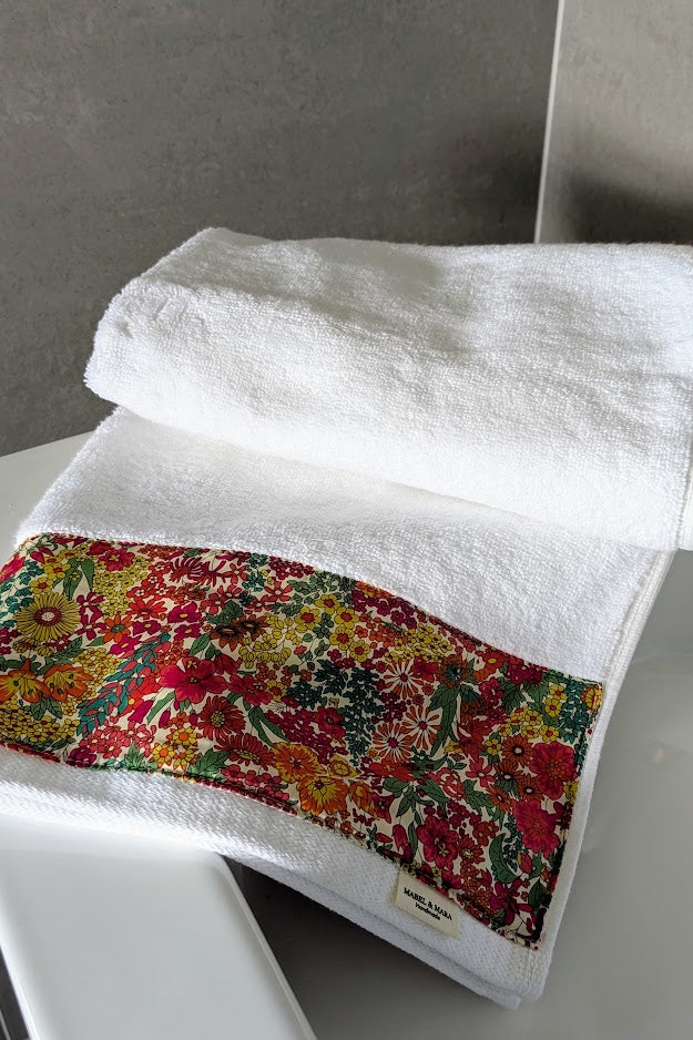 White cotton Hand Towel finished with Liberty Tana Lawn Margaret Annie Yellow