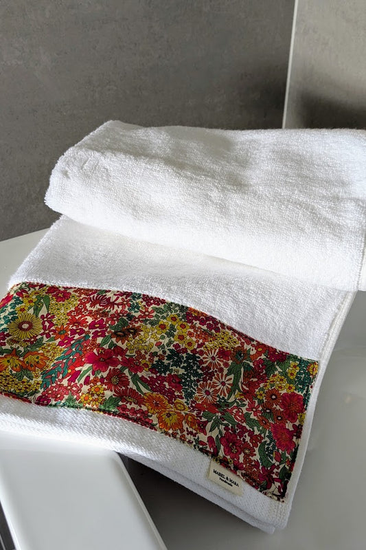 White cotton Hand Towel finished with Liberty Tana Lawn Margaret Annie Yellow