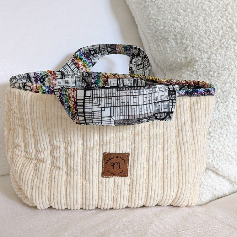 Quilted Small Tote Bag/Case Cream Corduroy with Liberty Lining and handles