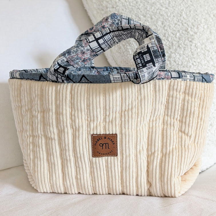 Quilted Small Tote Bag/Case Cream Corduroy with Liberty Lining and handles