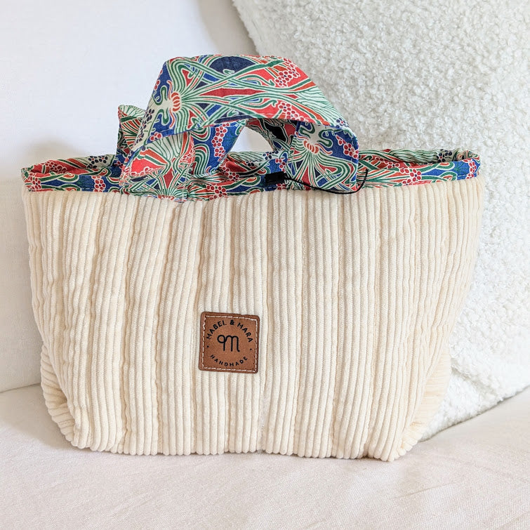 Quilted Small Tote Bag/Case Cream Corduroy with Liberty Lining and handles