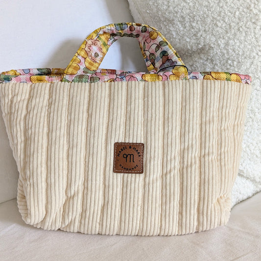 Quilted Small Tote Bag/Case Cream Corduroy with Liberty Lining and handles