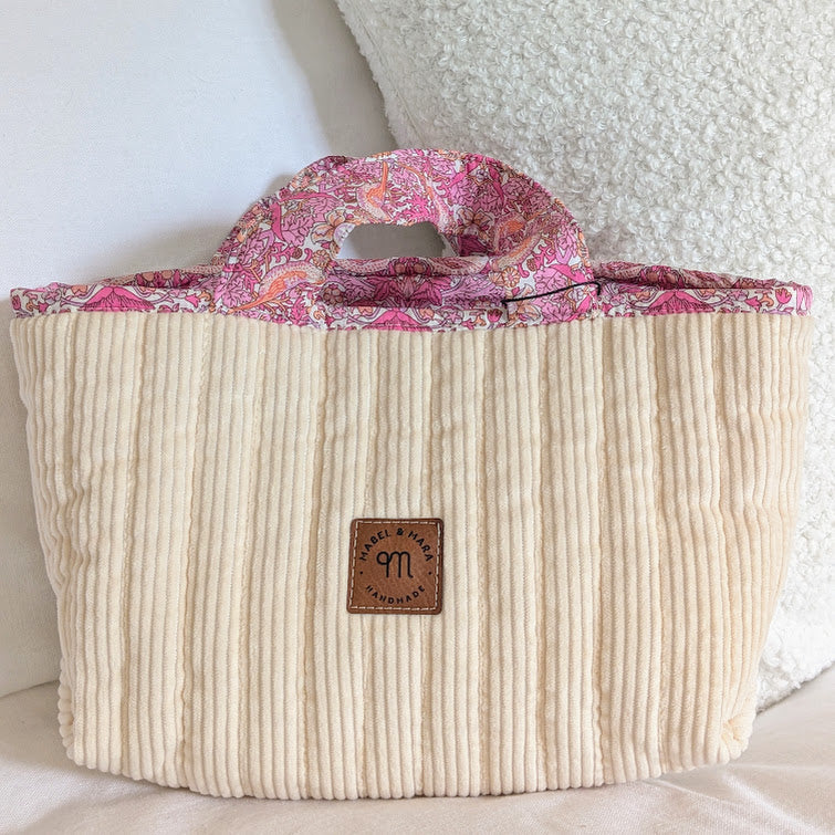 Quilted Small Tote Bag/Case Cream Corduroy with Liberty Lining and handles
