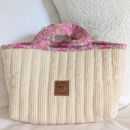 Quilted Small Tote Bag/Case Cream Corduroy with Liberty Lining and handles