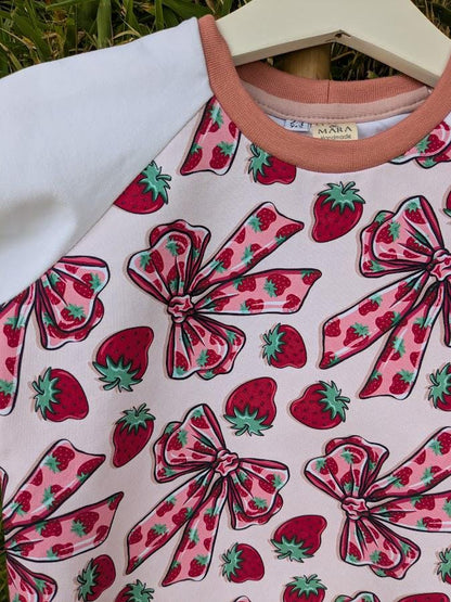 Children's T Shirt Pink Bow and Strawberry print 0-6yr