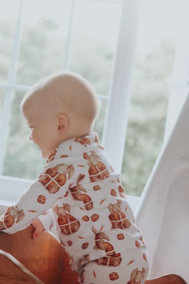 Children's Pyjamas PJs Easter Hot Cross Bunnies theme top and leggings set 0-6yr Kid's-Gift-matching sibling pyjamas available