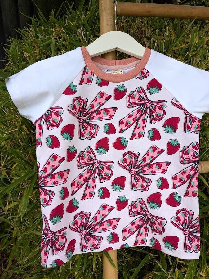 Children's T Shirt Pink Bow and Strawberry print 0-6yr Kid's-Children's Gift-matching sibling T Shirts Fun print-Baby/Toddler