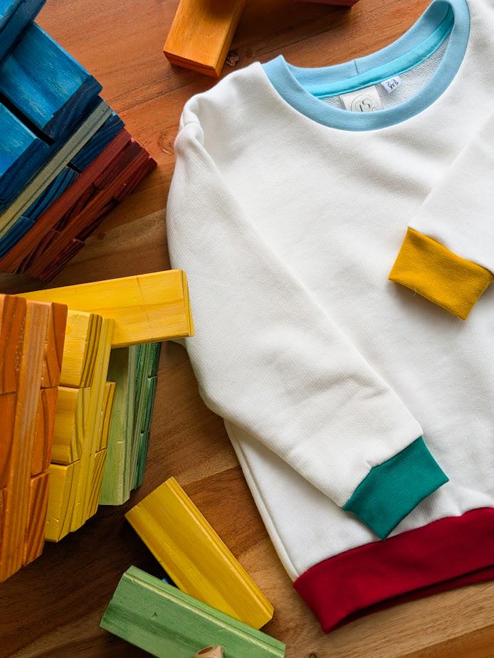 Children's Sweatshirt  soft cotton Ecru French Terry fabric with fun Rainbow of Colours on cuffs and neckband -0-6 years-Kid's-Gift